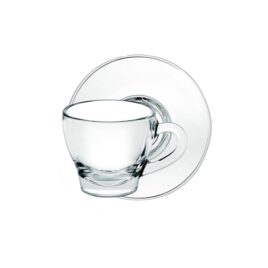 Cappuccino Ischia Set (2+2) The set includes 2 Ischia cappuccino cups with individual capacity of 180 ml and Ischia saucers with diameter of 15 cm. 100% made in Italy from extra white quality glass. This set can be cleaned in the dishwasher.