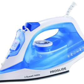 RHI400 RUSSELL HOBBS PRO GLIDE IRON 2200W Dry, steam, spray ironing. Powerful burst of steam Ceramic soleplate. Water spray feature Vertical steam feature, ideal for suits, dresses and delicate fabrics. Adjustable thermostat and steam control Self cleaning. Water tank capacity: 300ml Handy long 1.8m power cord