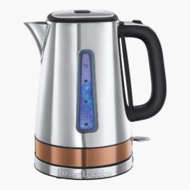 RUSSELL HOBBS LUNA STONE KETTLE 1/2/3 cup marker indicators inside the kettle, where 1 cup is equal to 235ml of water Rapid boil in up to 45 seconds for 1 cup *1 cup 235ml of water Perfect pour waterspout 1.7L capacity with blue illumination on the water level window