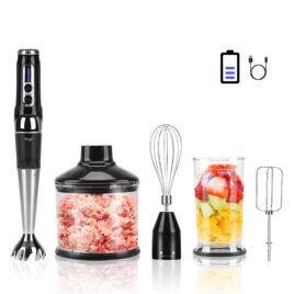 RHCSB RECHARGEABLE CORDLESS STICK BLENDER SET Variable speed control. Power indicator light. Durable stainless-steel shaft and blade. Generous 500ml chopper bowl. Handy 700ml Beaker Versatile stainless-steel whisk. Long-lasting lithium-ion battery Overload and overheat protection for added safety. Includes USB Type C cable. Wattage:200W. Ample 2000mAh battery capacity. Charging time: 2 hours. Between 12-72 minutes of run time