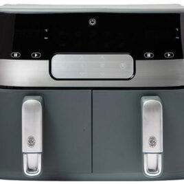 RHDAP09 RUSSELL HOBBS 9L DUAL AIRFRYER PRO 7 pre-programmed settings (fries, fish, pizza, vegetables, red meat, chicken or baking). 4.5L capacity per drawer – total of 9 Litres. Dual cooking and Sync function. Digital LED Display with touch sensor to adjust temperature and menu. 1700W. Adjustable temperature: 80-200℃. Easy clean Detachable basket and pot. Overheat protection with Auto Shut off function Operating light indicator. Cool touch handgrip. Non-slip feet