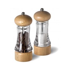 Basics Salt & Pepper Set 160mm 100% high grade natural beech and acrylic Spring loaded mechanism; adjustable grind fine to coarse Sintered Stainless Steel mechanism for pepper Nylon mechanism for salt