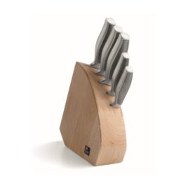 SENSE 5 pce knife set with wooden block (6 pce) Wooden block, 13/0 stainless steel 1 X pairing knife / 1 X all purpose knife 1 X 20cm chefs knife / 1 X carving knife 1 X bread knife