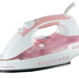 RHI227 RUSSELL HOBBS CREASE CONTROL IRON 2200W. Dry, steam and spray ironing.Powerful burst of steam Convenient swivel cord with cord wrap area. Overheat safety protection circuit. Stainless steel soleplate. Includes water measuring cup. With indicator light and heel rest. Water spray feature. Vertical steam feature, ideal for suits, dresses and delicate fabrics. Fabric temperature guide Anti-drip. Self cleaning. Water tank capacity: 370ml 1.8m cord