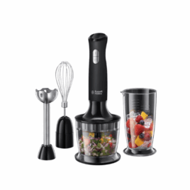 24702SA Desire Stick blender set 500W – 2 speeds plus pulse for added control 700ml capacity beaker 500ml capacity chopping bowl Matt and gloss black design Whisk and stainless-steel blending leg