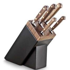 Forme 5 pce knife set with wooden block Wooden block, 13/0 stainless steel 1 X pairing knife / 1 X all purpose knife 1 X 20cm chefs knife / 1 X carving knife 1 X bread knife