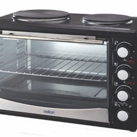 SFMK02 SAL 30L MINI KITCHEN 30L oven capacity with 2 solid hotplates Power: 1500W oven 1000W hotplate (large) 800W hotplate (small) Temperature range 100℃ to 250℃ Oven and hotplates can be used simultaneously