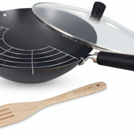 Ken Hom Excellence Set Consists of: Excellence 31 cm N/S C/S Wok with Phenolic Handle, Wooden Spatula and Rack/Glass Lid A lightweight carbon steel wok finished with a three-layer non-stick coating designed for stir-frying at high temperatures and with less oil.